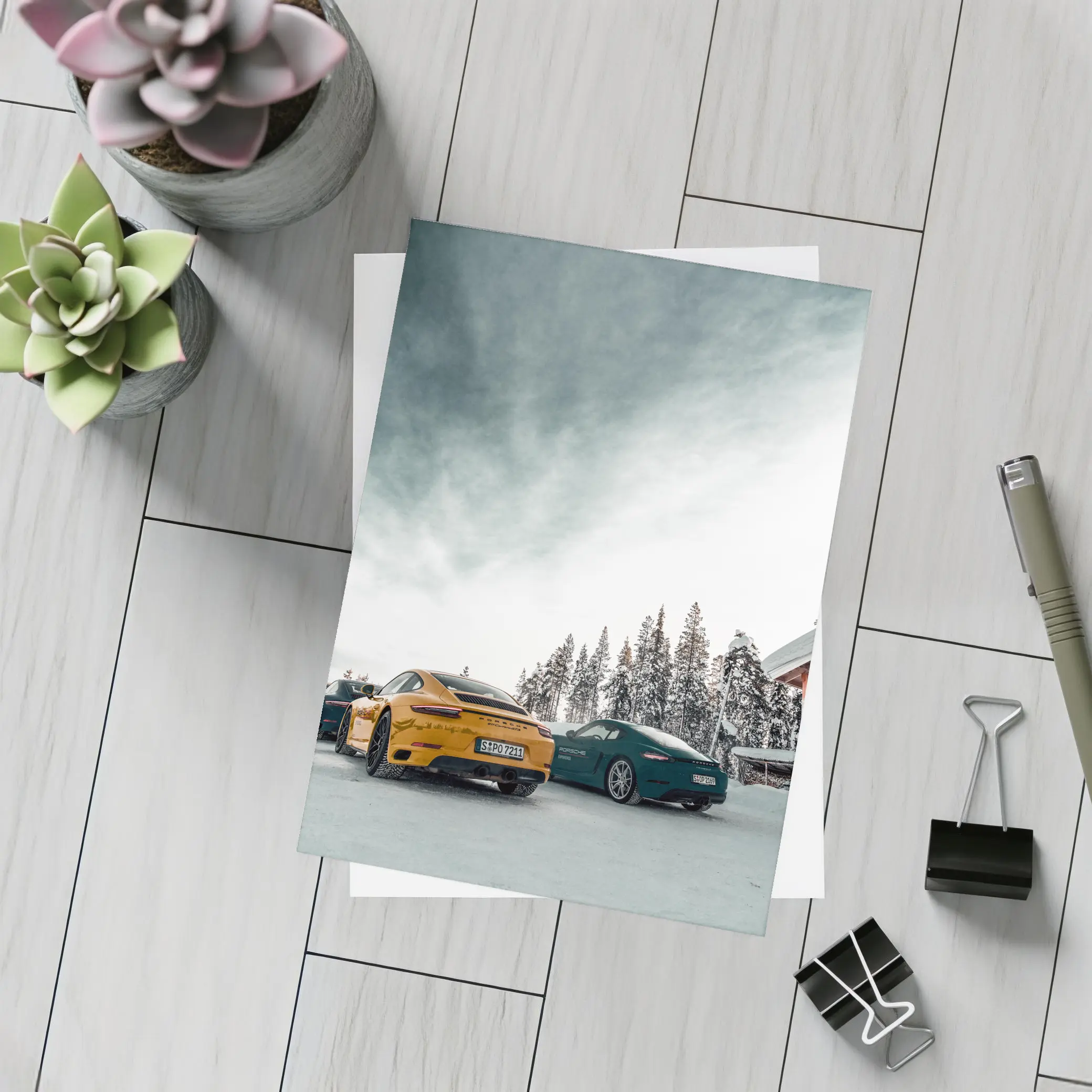 Porsche 911 Yellow Green Snow Winter – Postcards
