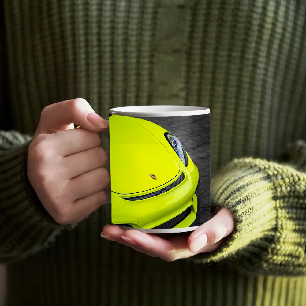 Porsche Cayman Acid Green Front Close Up – Mugs