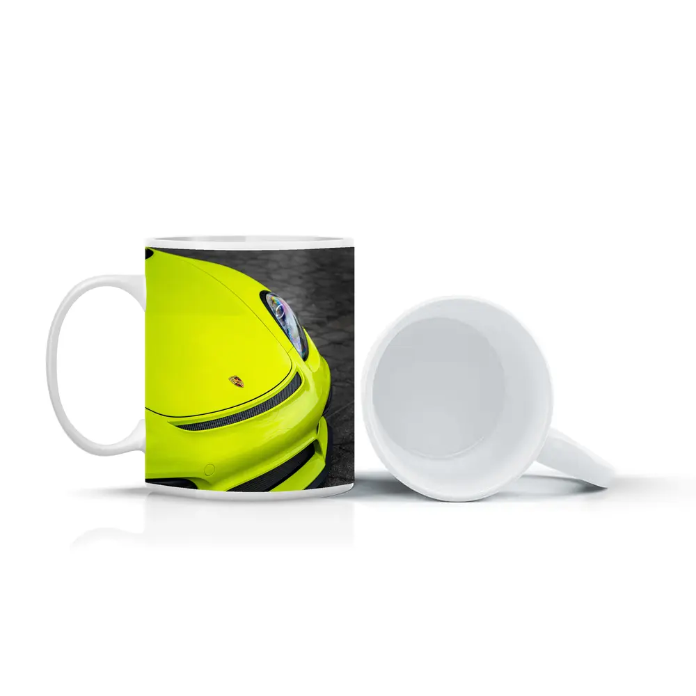 Porsche Cayman Acid Green Front Close Up – Mugs