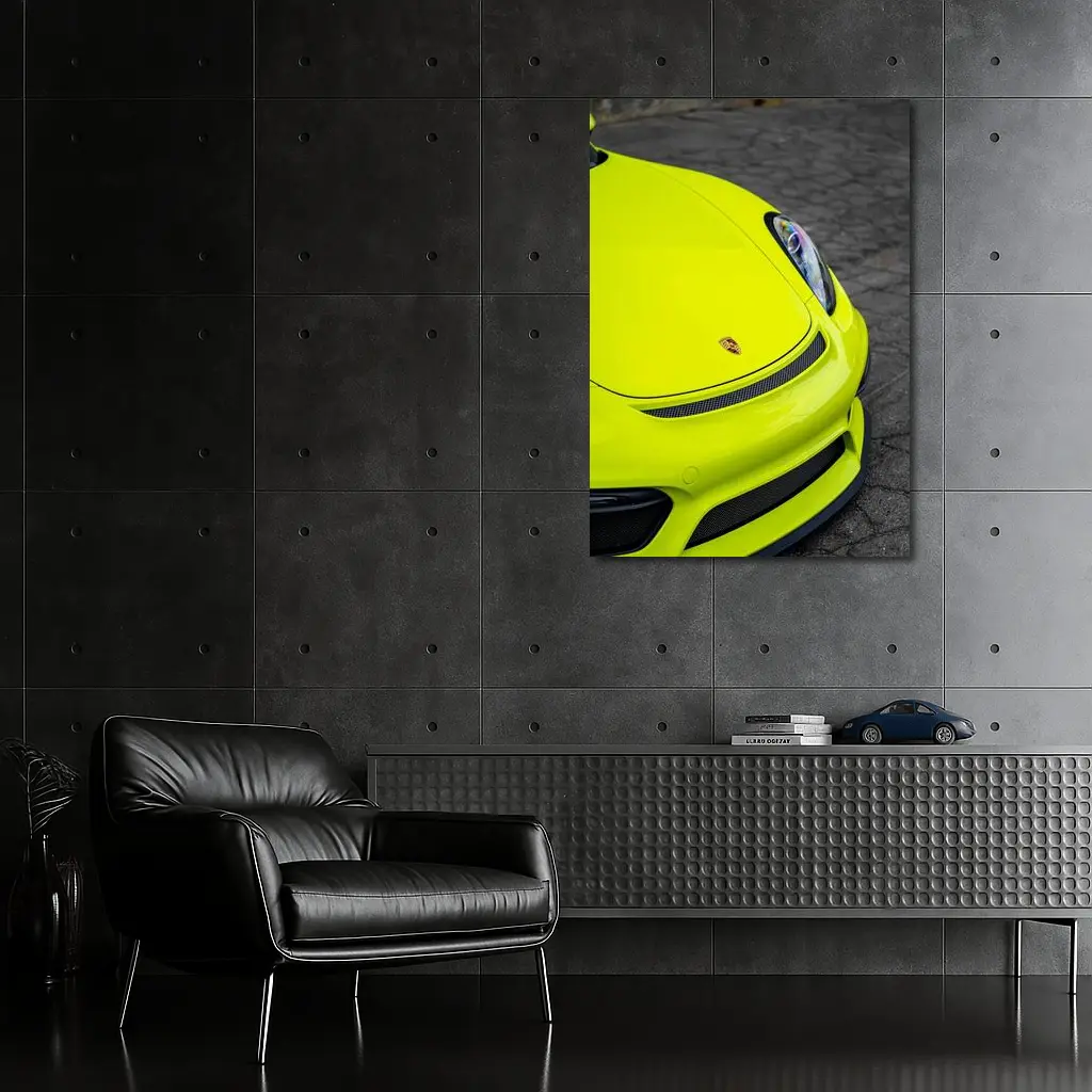 Porsche Cayman Acid Green Front Close Up – Wall Art