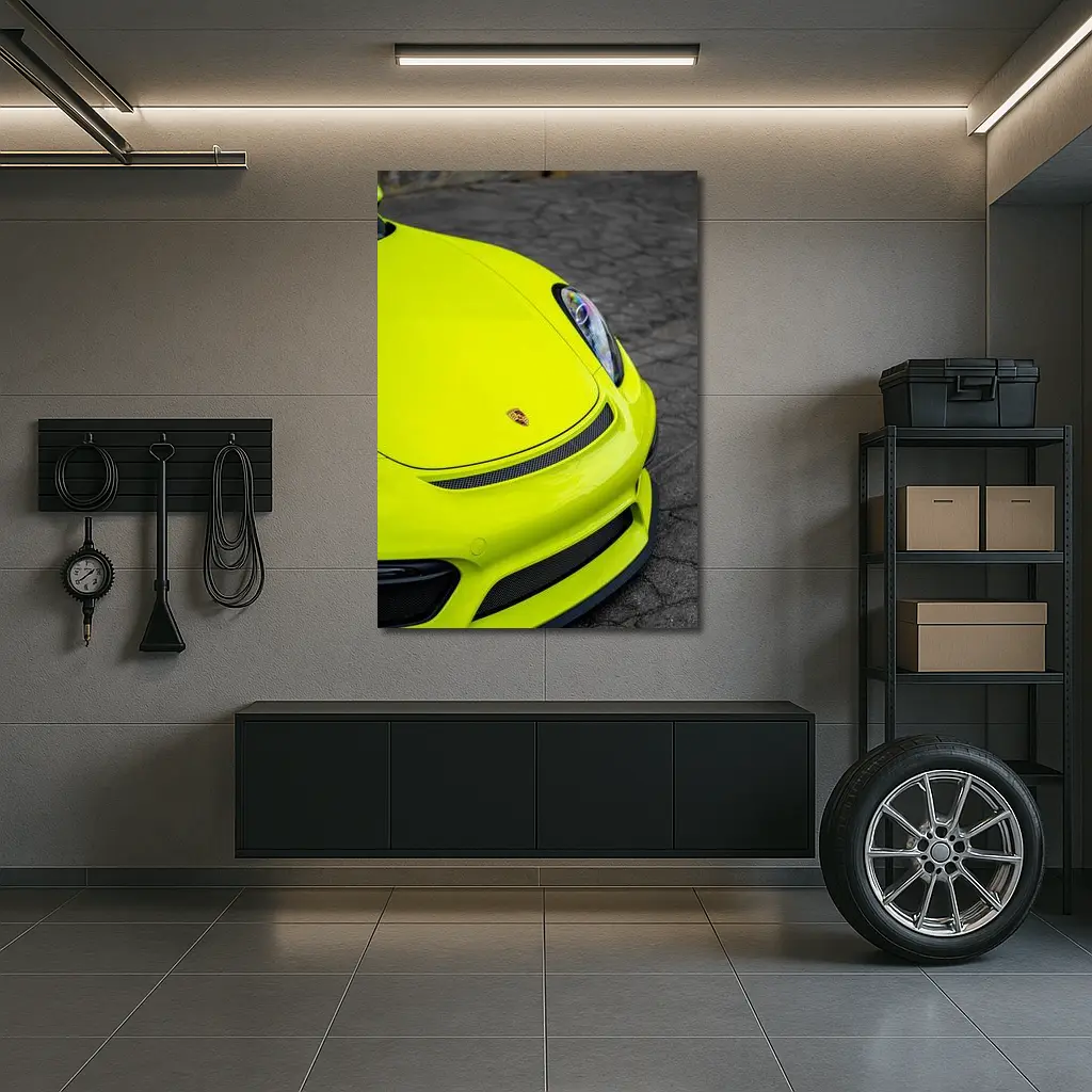 Porsche Cayman Acid Green Front Close Up – Wall Art