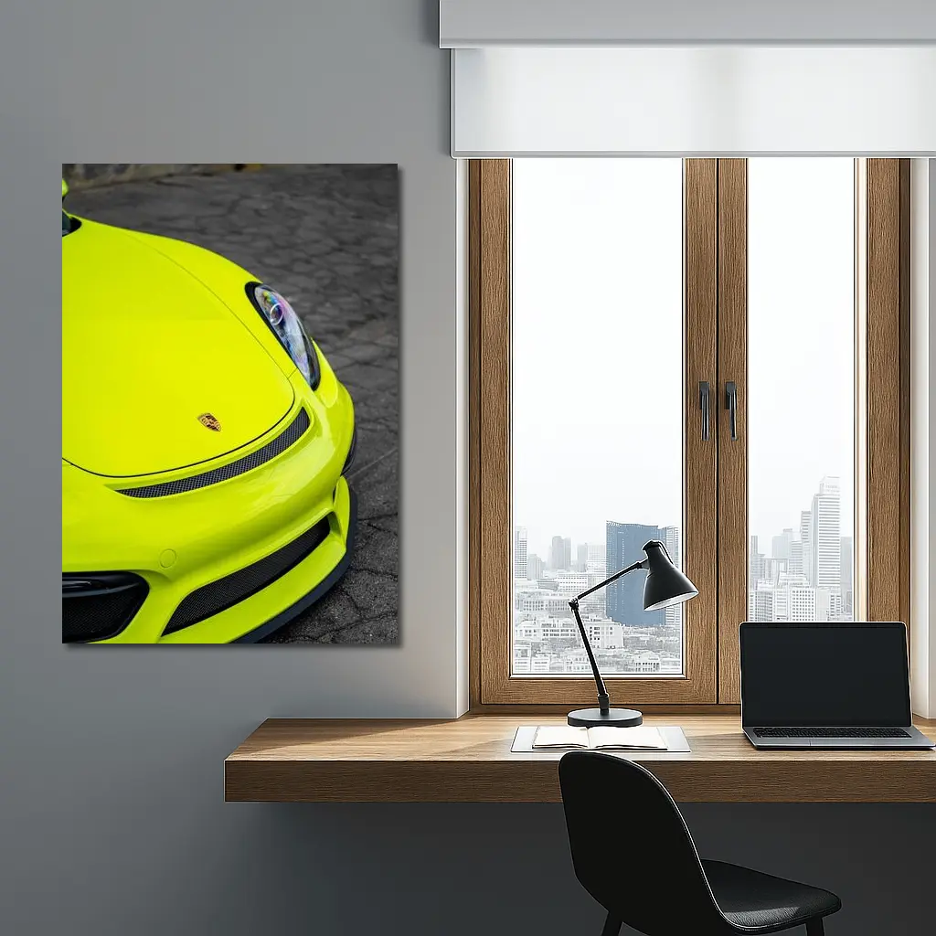 Porsche Cayman Acid Green Front Close Up – Wall Art