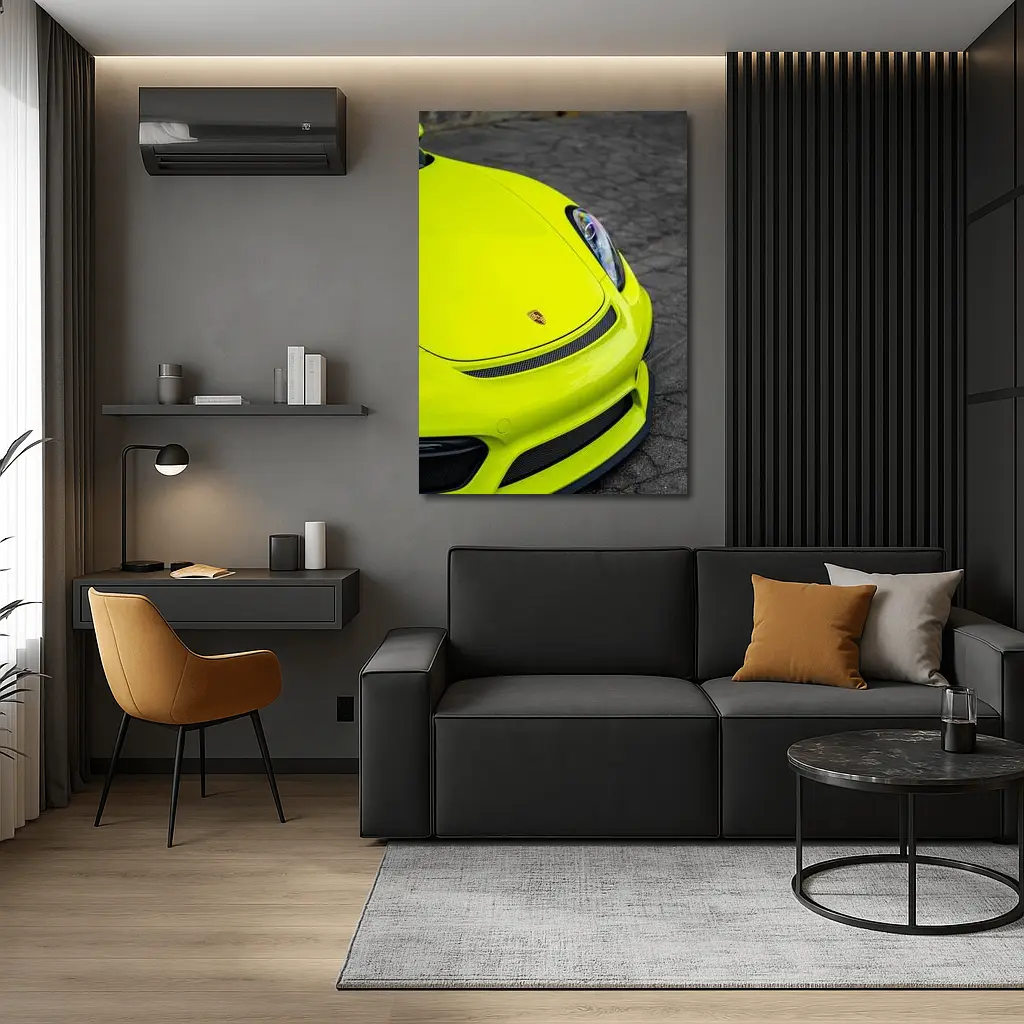 Porsche Cayman Acid Green Front Close Up – Wall Art