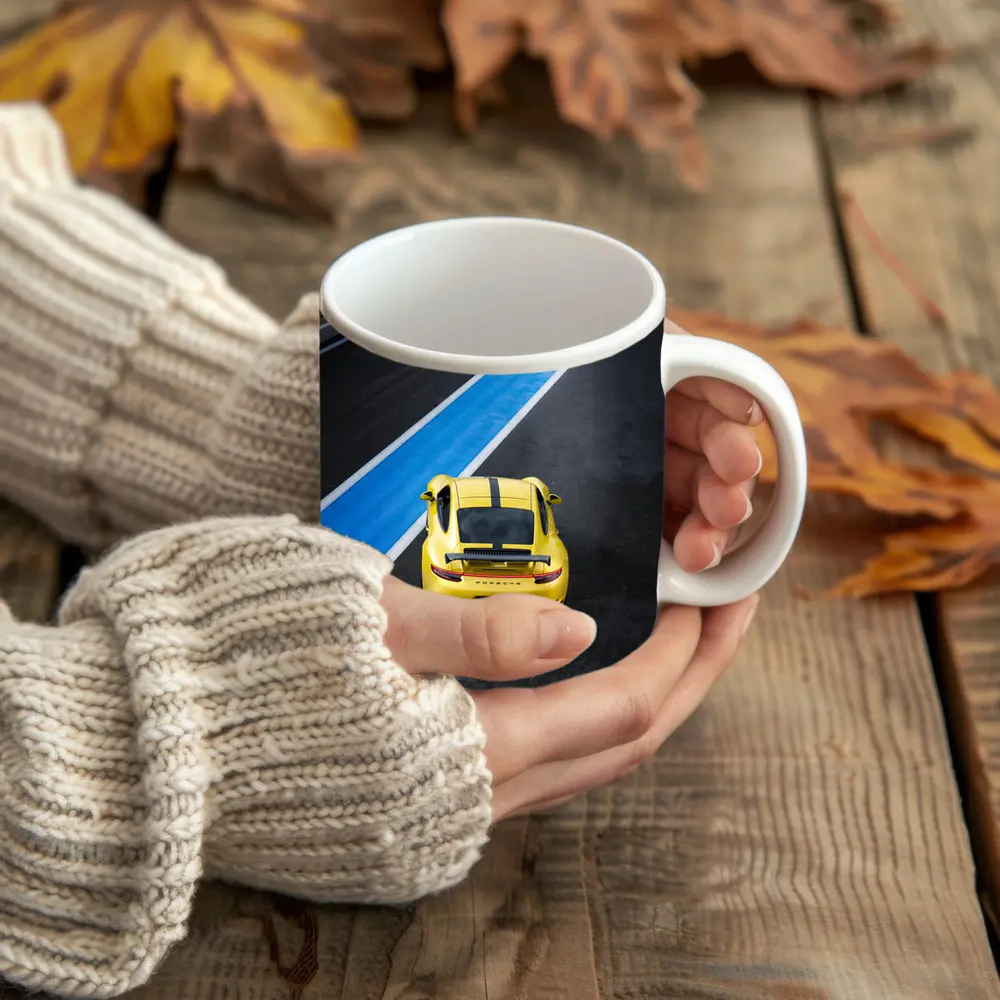 Porsche 911 Yellow Racing Track Aerial View – Mugs