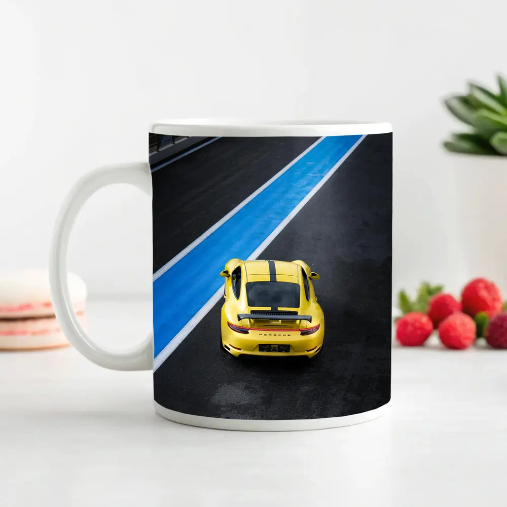 Porsche 911 Yellow Racing Track Aerial View – Mugs