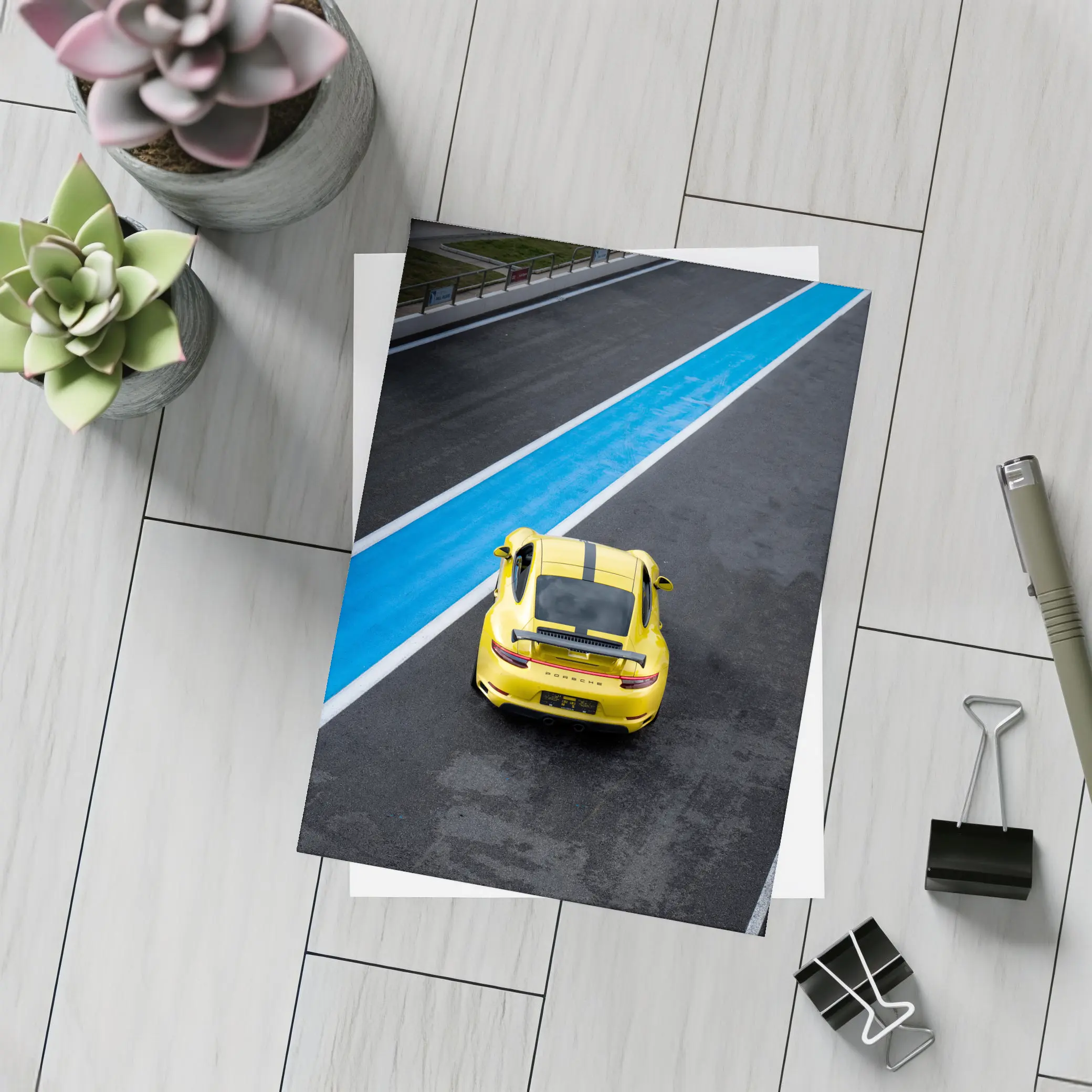 Porsche 911 Yellow Racing Track Aerial View – Postcards