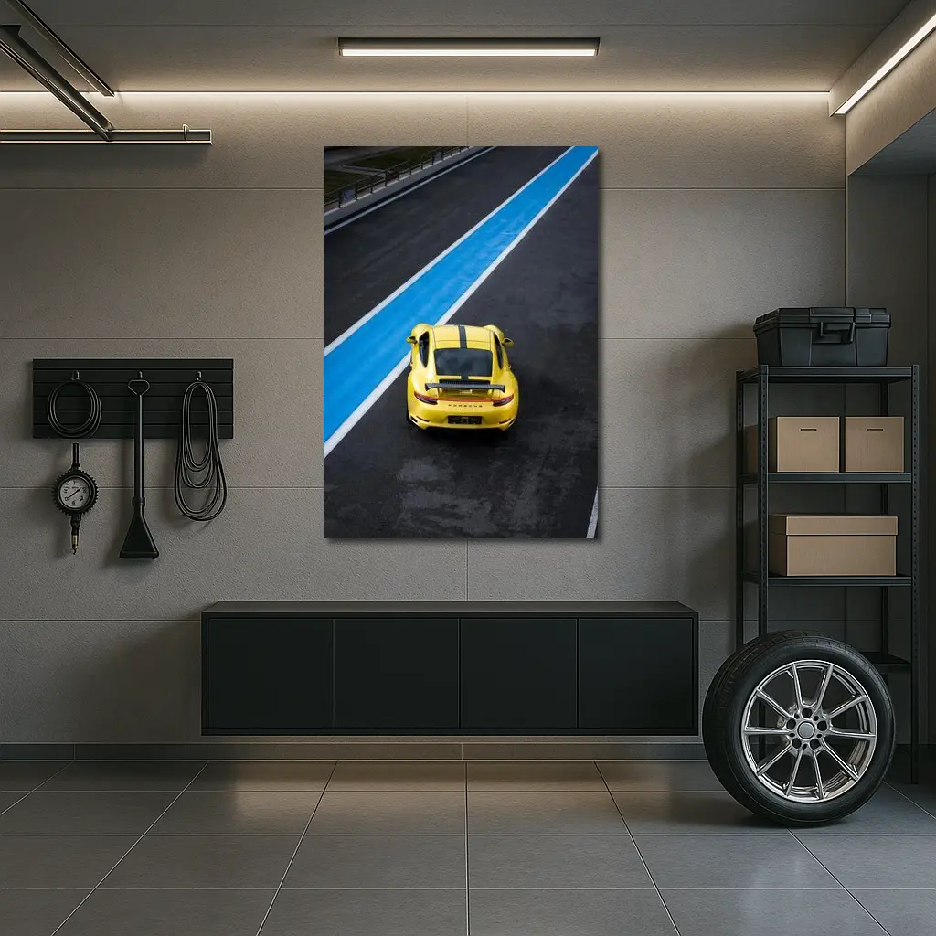 Porsche 911 Yellow Racing Track Aerial View – Wall Art