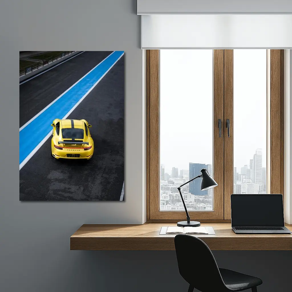Porsche 911 Yellow Racing Track Aerial View – Wall Art