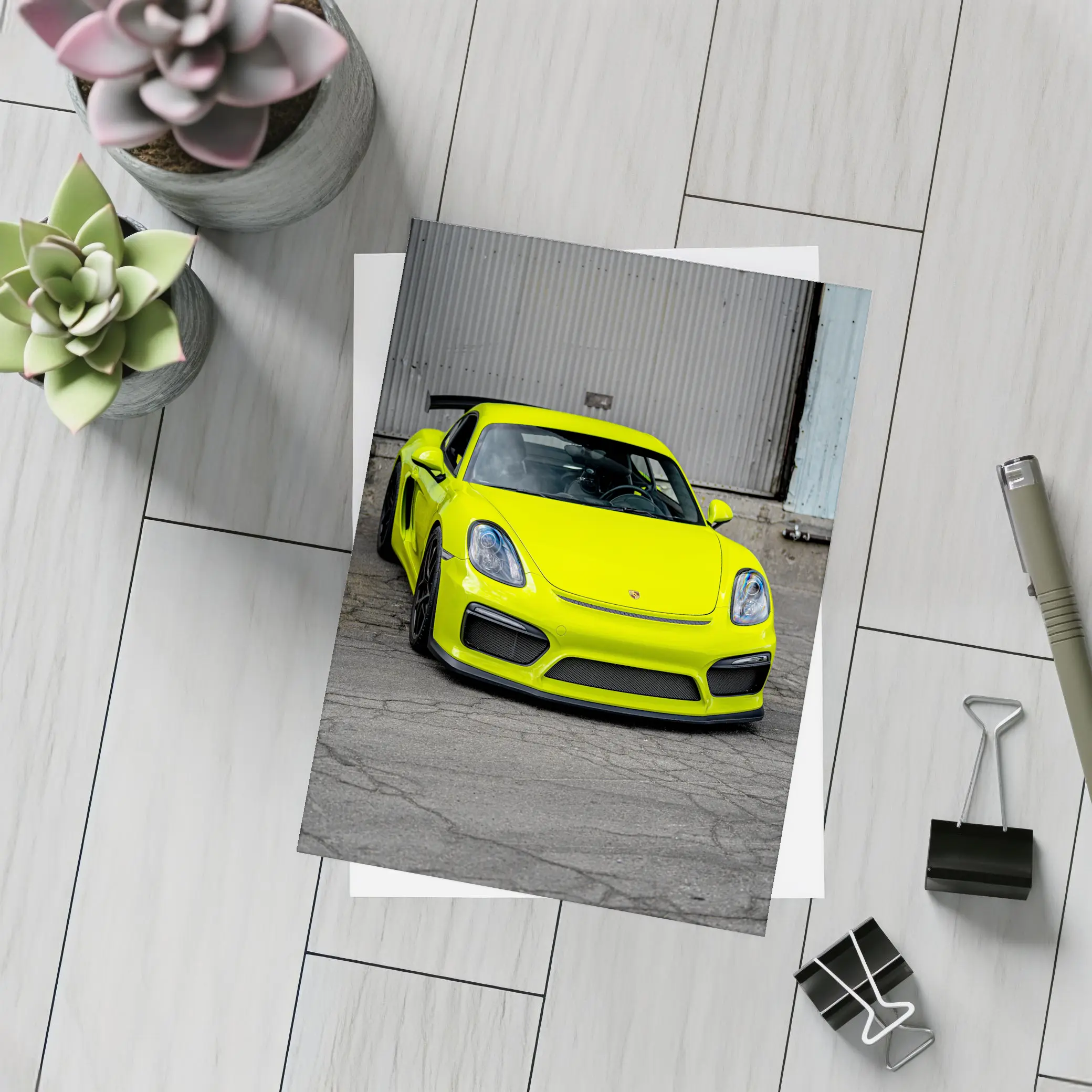 Porsche Cayman GT4 Acid Green Urban Setting – Postcards