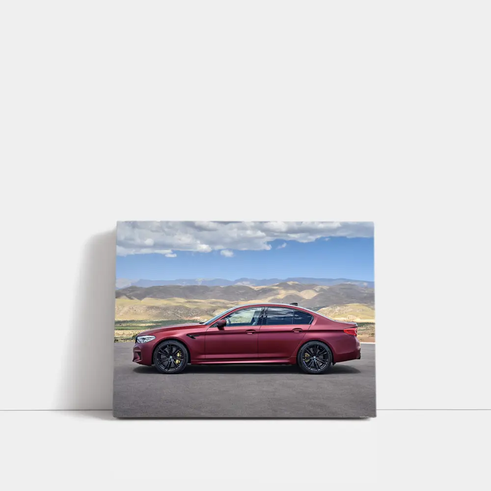 BMW M5 Matte Red Side Profile Mountains – Wall Art