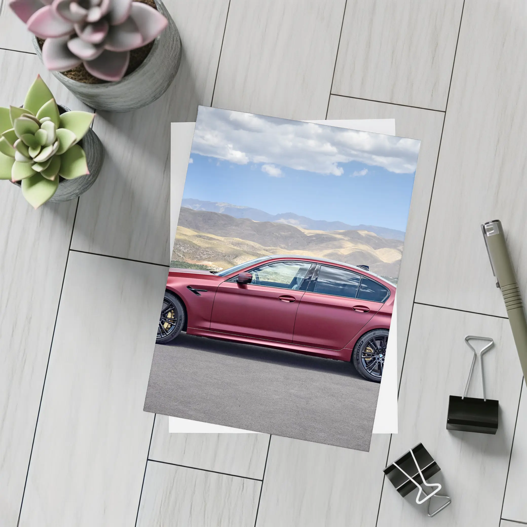 BMW M5 Matte Red Side Profile Mountains – Postcards