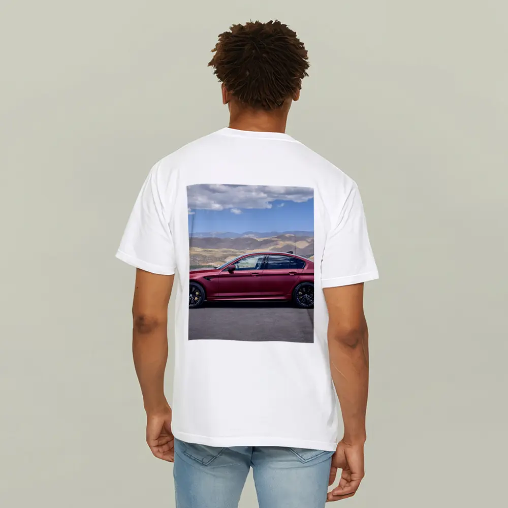 BMW M5 Matte Red Side Profile Mountains – T-Shirts