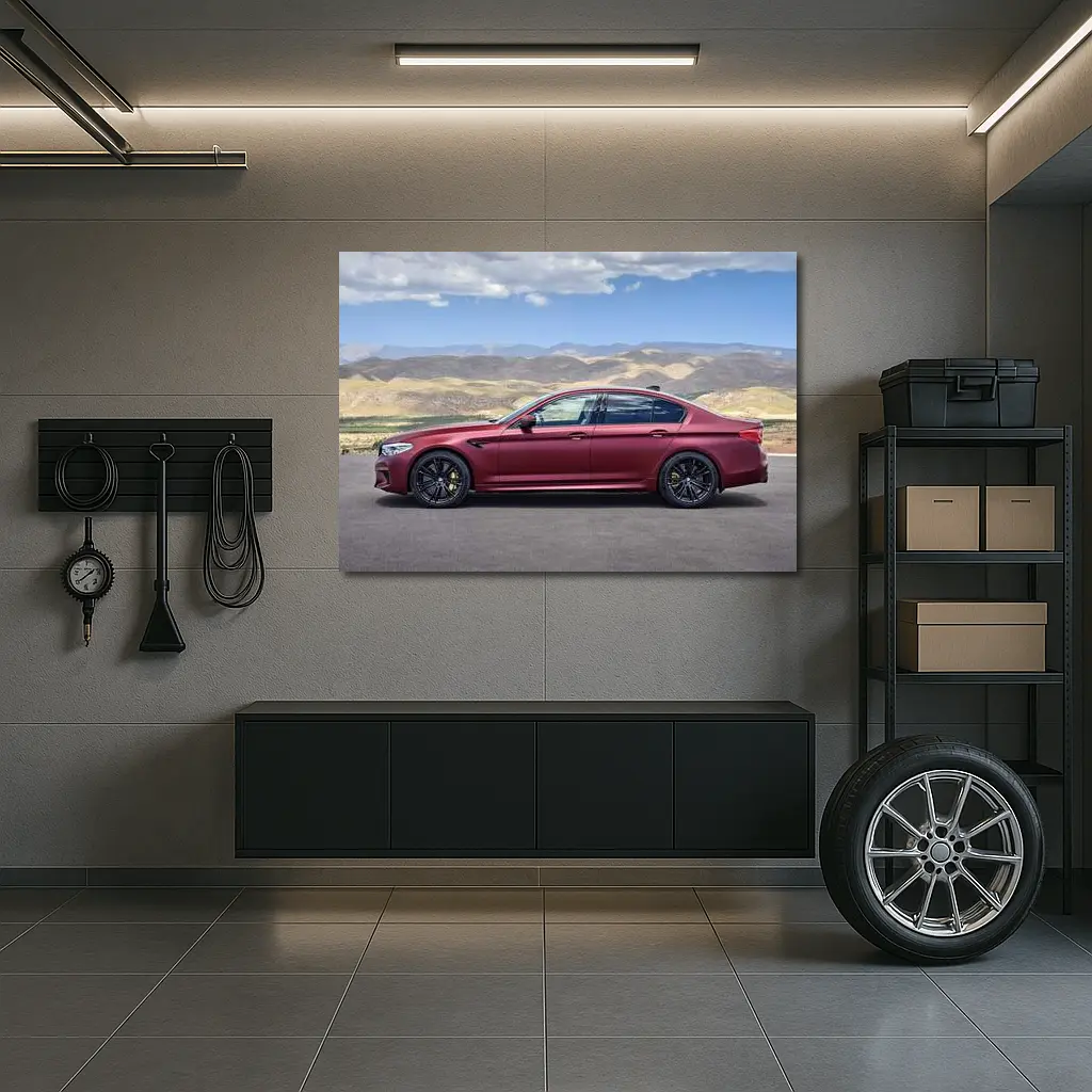 BMW M5 Matte Red Side Profile Mountains – Wall Art