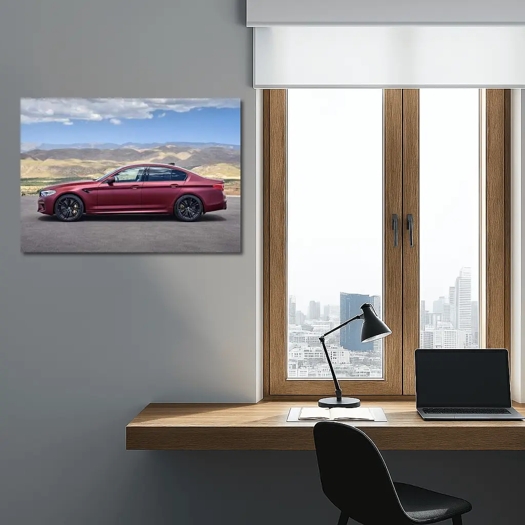 BMW M5 Matte Red Side Profile Mountains – Wall Art