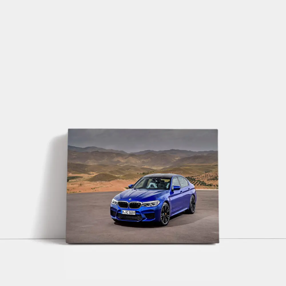 BMW M5 Blue Sedan Desert Mountains Background – Wall Art