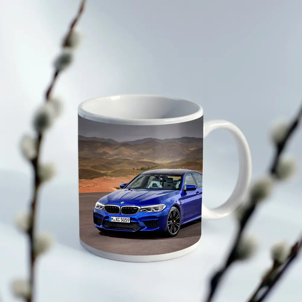 BMW M5 Blue Sedan Desert Mountains Background – Mugs