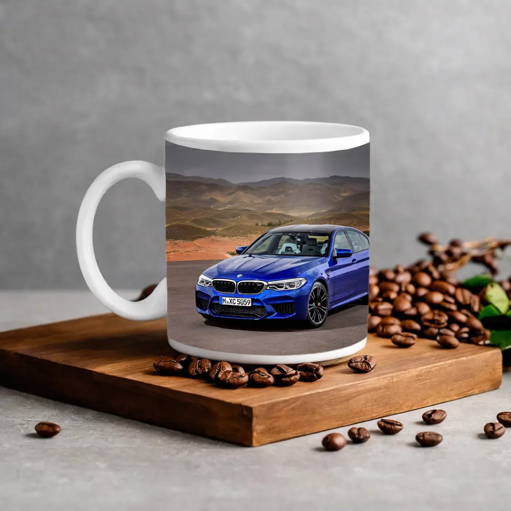 BMW M5 Blue Sedan Desert Mountains Background – Mugs