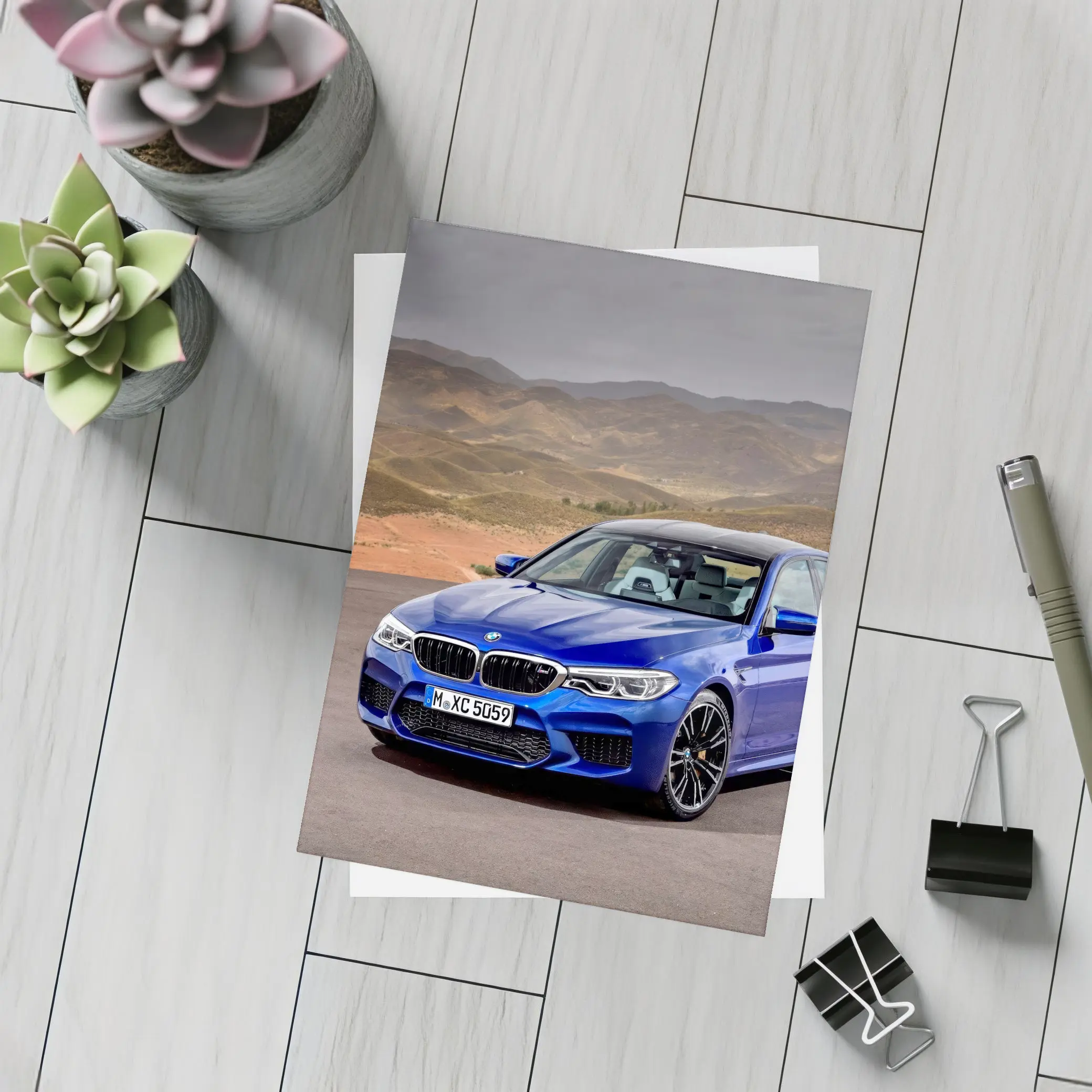 BMW M5 Blue Sedan Desert Mountains Background – Postcards