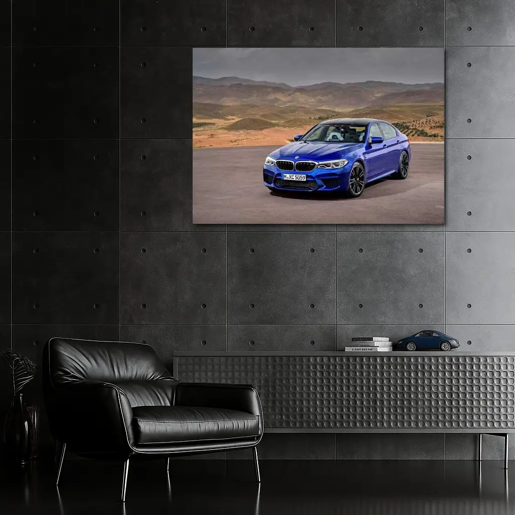 BMW M5 Blue Sedan Desert Mountains Background – Wall Art