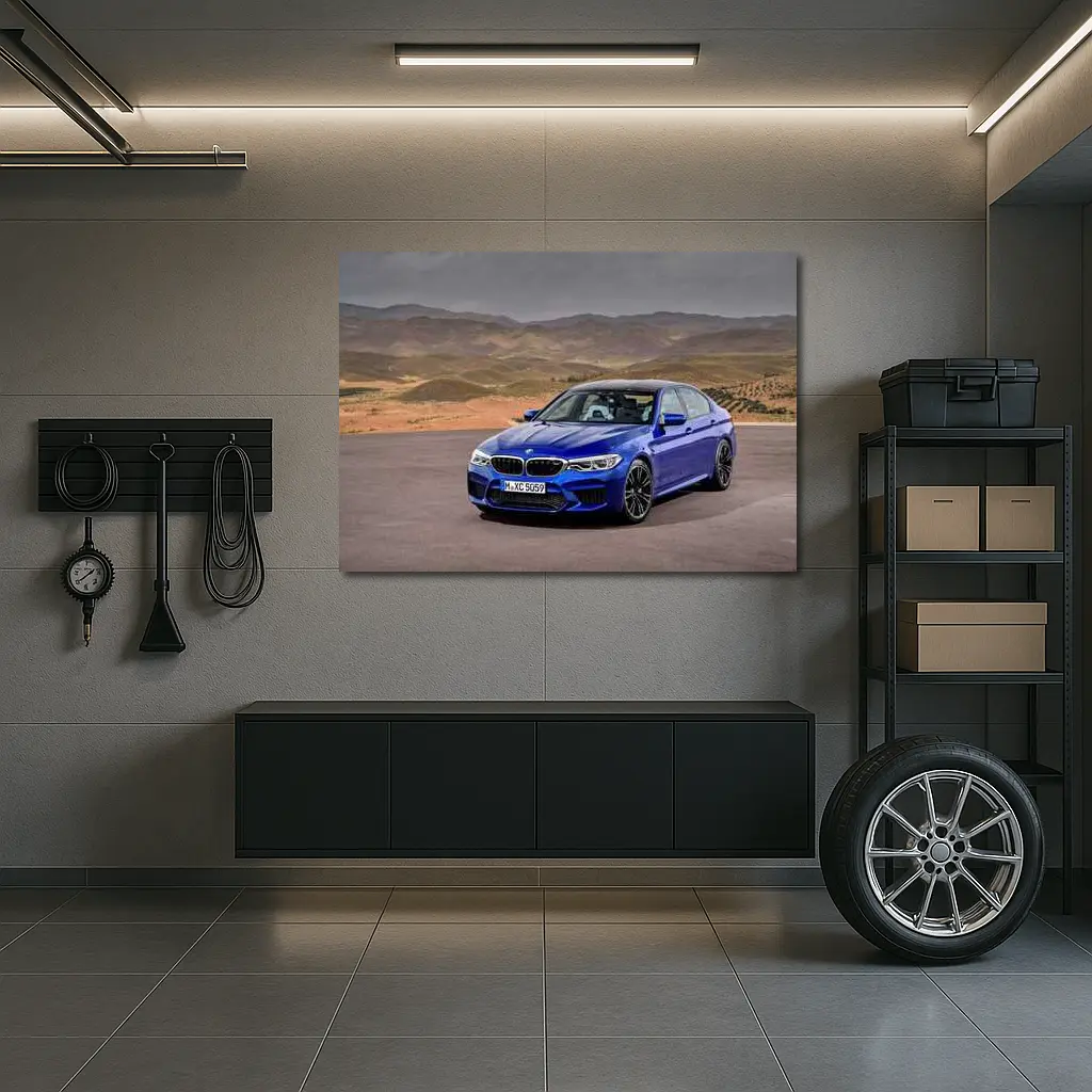 BMW M5 Blue Sedan Desert Mountains Background – Wall Art