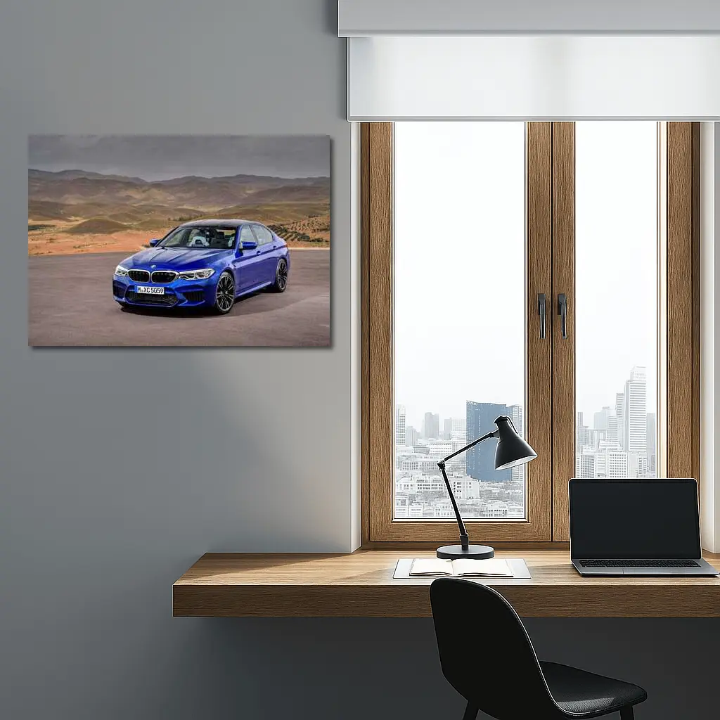 BMW M5 Blue Sedan Desert Mountains Background – Wall Art
