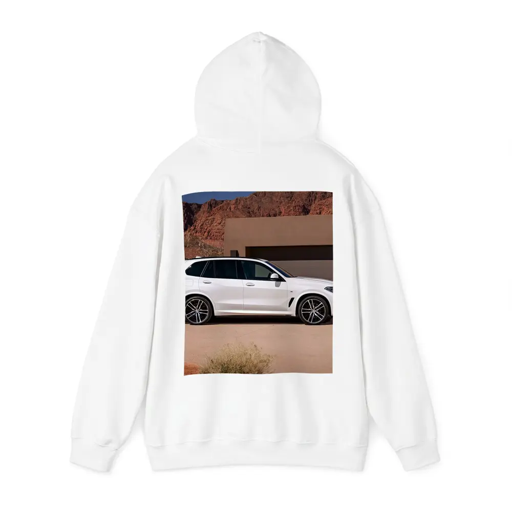 BMW X5 White SUV Desert Mountain Setting – Hoodies