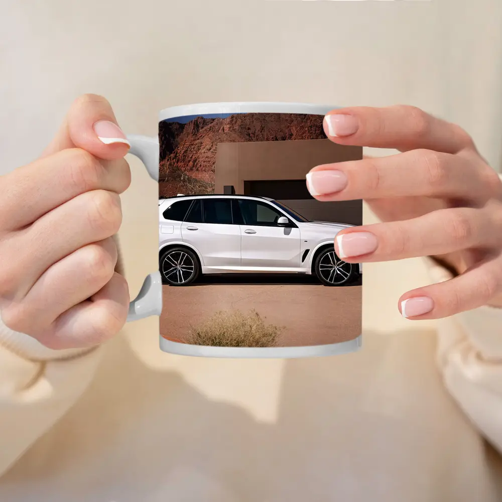 BMW X5 White SUV Desert Mountain Setting – Mugs