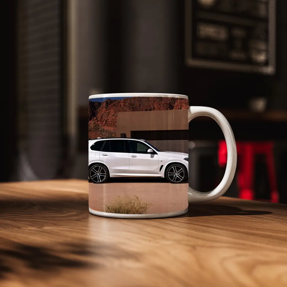 BMW X5 White SUV Desert Mountain Setting – Mugs