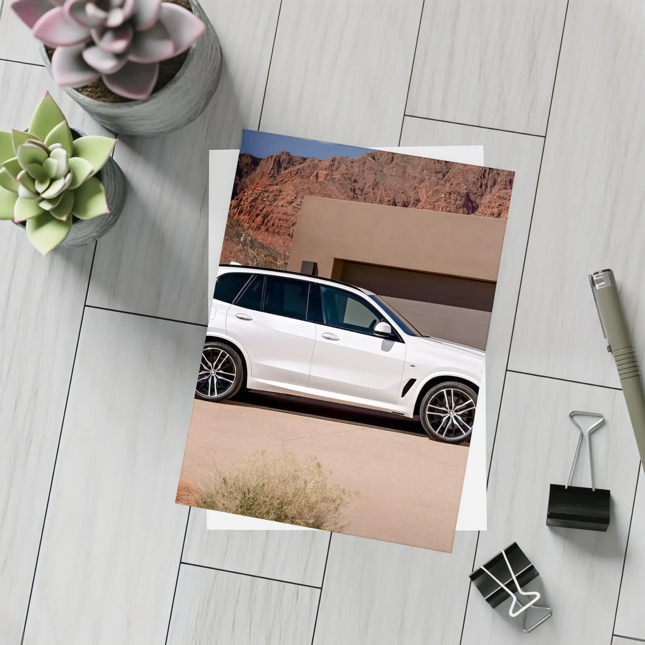 BMW X5 White SUV Desert Mountain Setting – Postcards