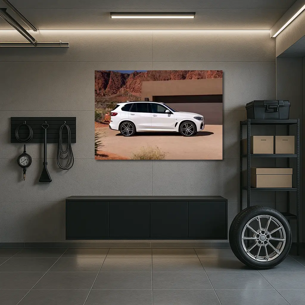 BMW X5 White SUV Desert Mountain Setting – Wall Art