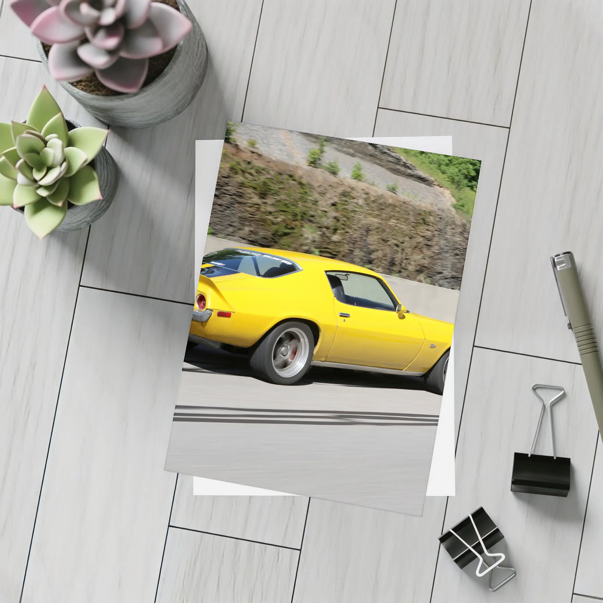Yellow Chevrolet Camaro Z28 on Highway – Postcards