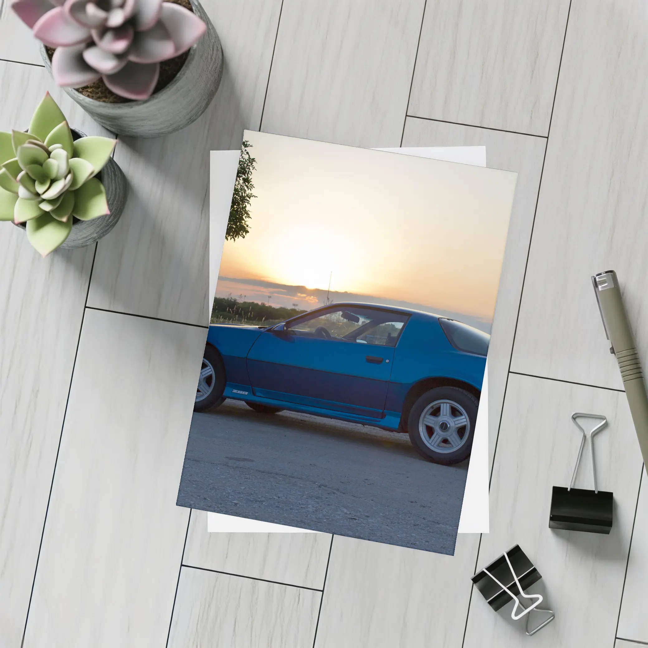 Chevrolet Camaro Z28 Blue Sunset Side Profile – Postcards