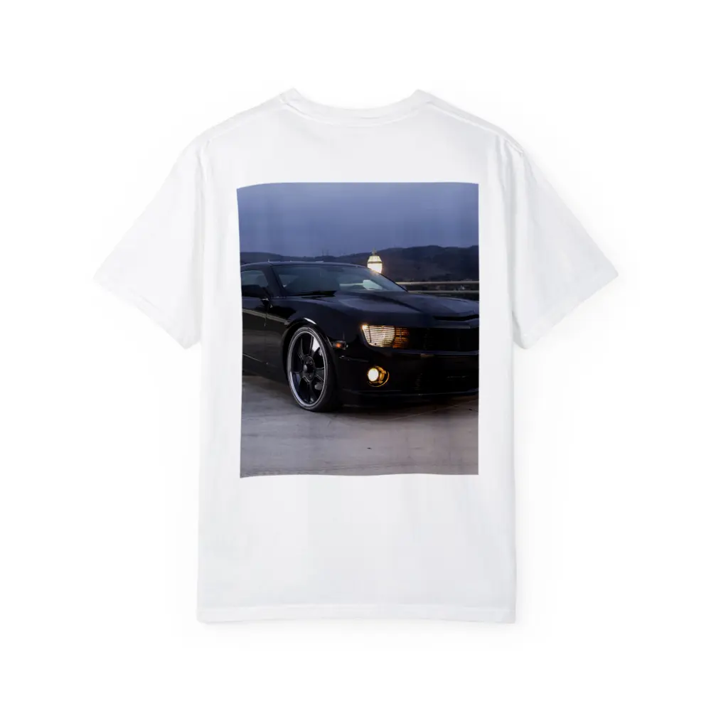Black Chevrolet Camaro Parked at Dusk – T-Shirts
