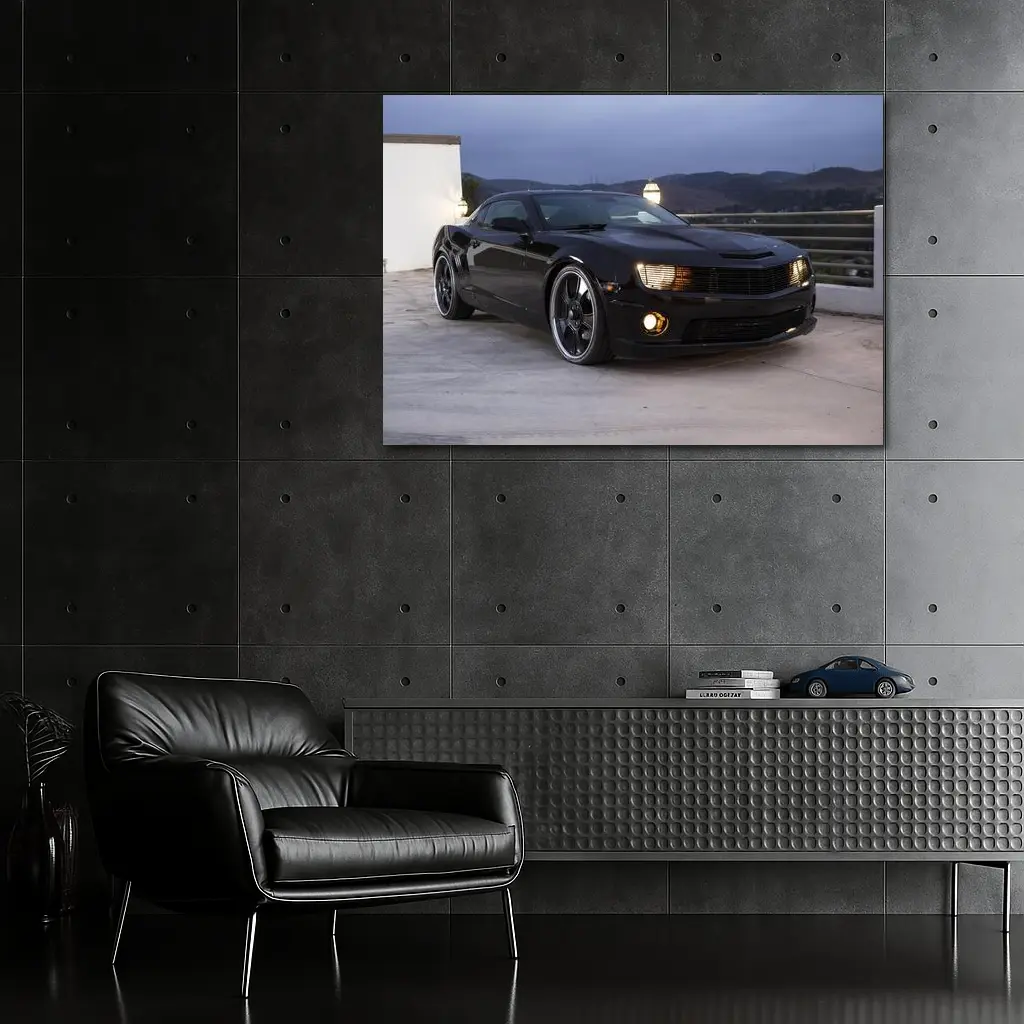 Black Chevrolet Camaro Parked at Dusk – Wall Art