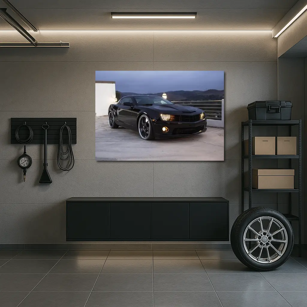Black Chevrolet Camaro Parked at Dusk – Wall Art