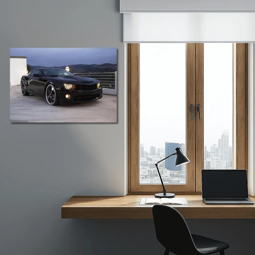 Black Chevrolet Camaro Parked at Dusk – Wall Art