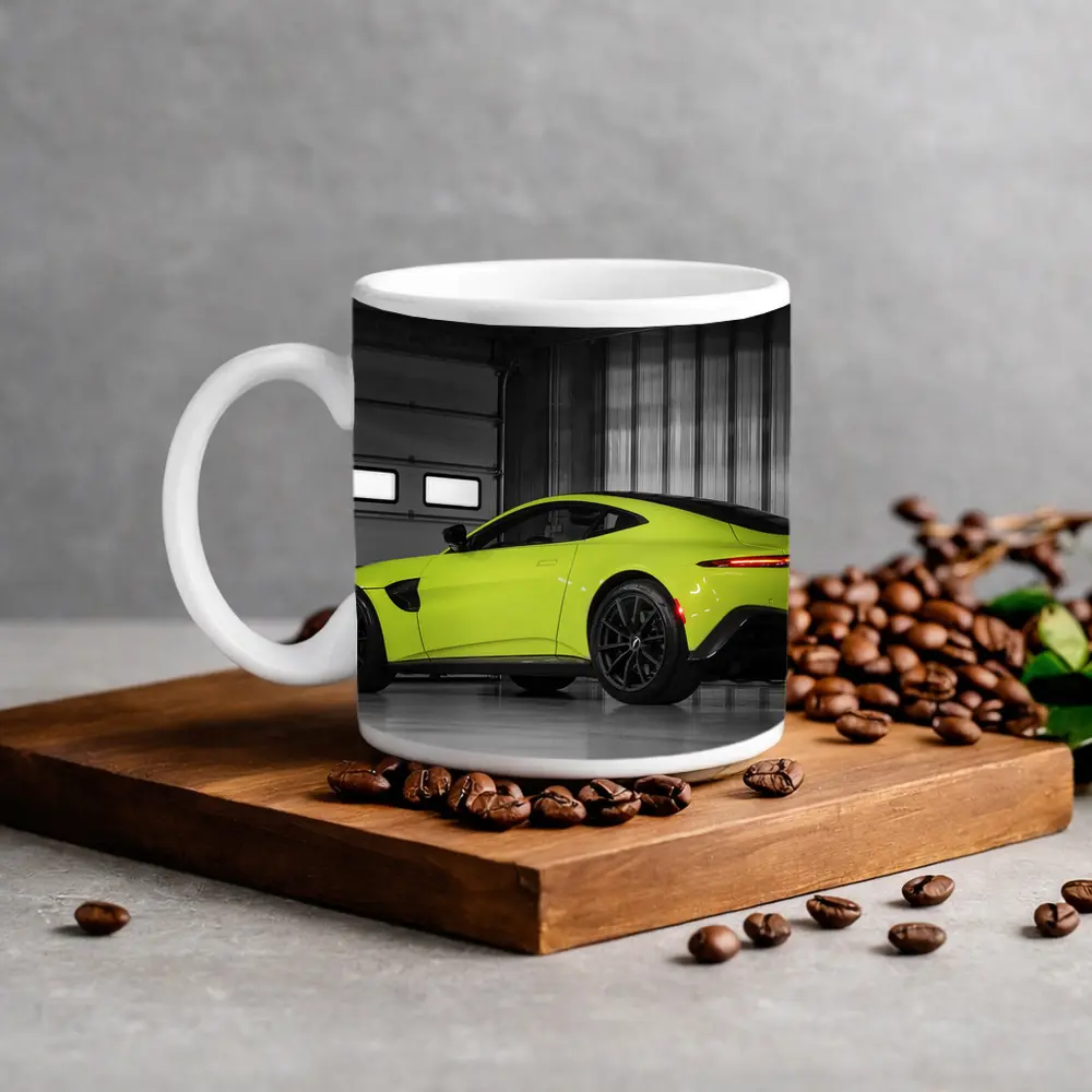 Aston Martin Vantage Lime Green Garage Shot – Mugs