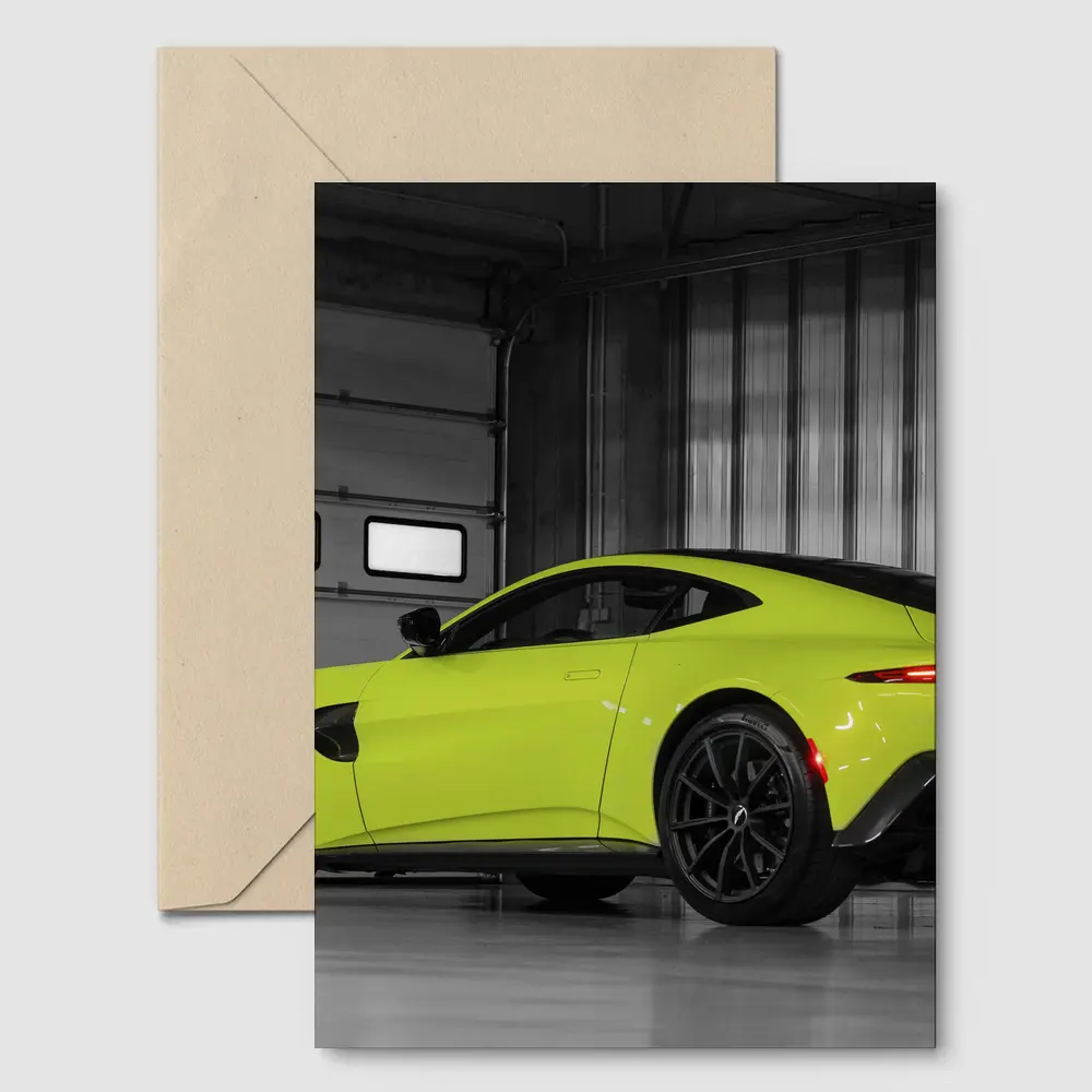 Aston Martin Vantage Lime Green Garage Shot – Postcards