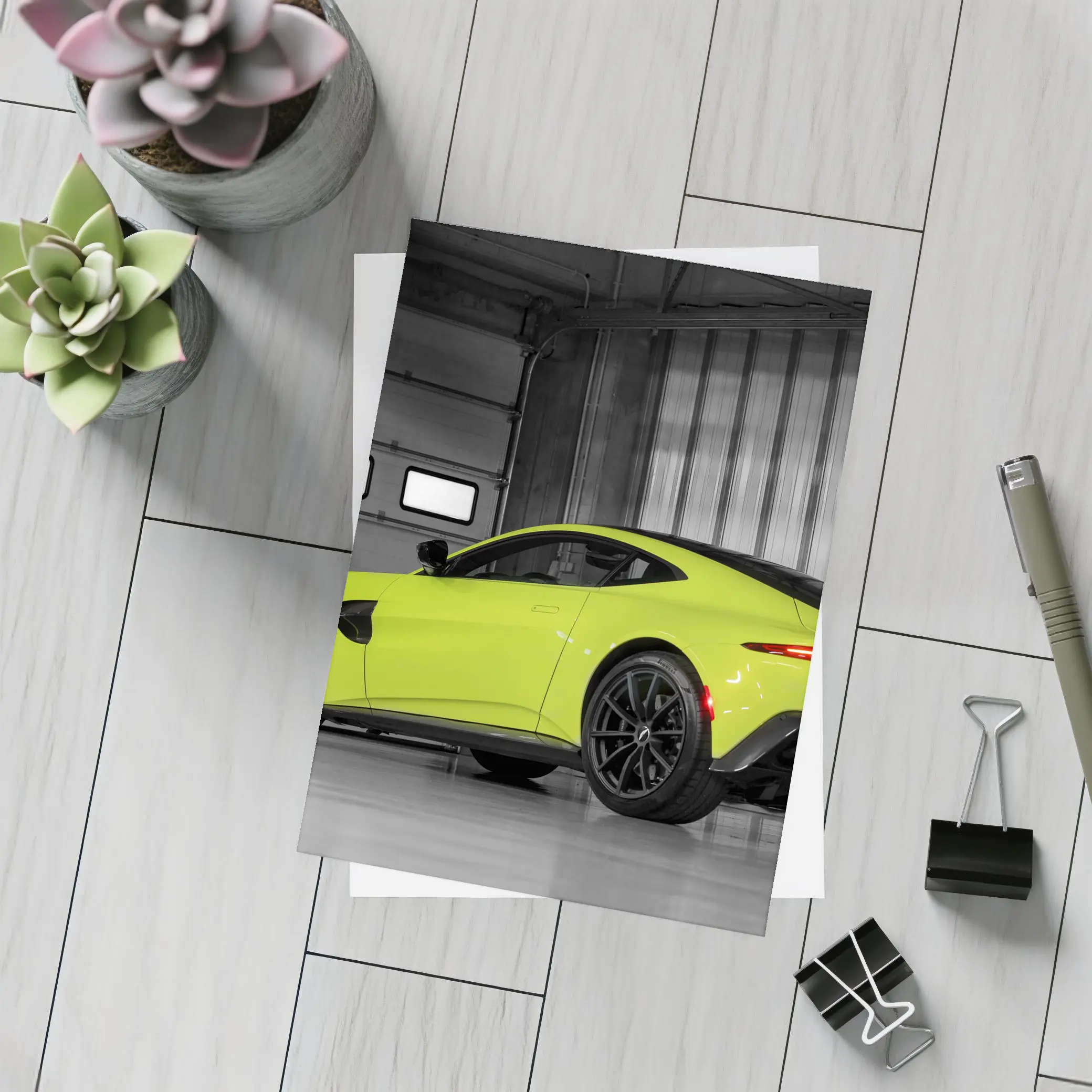 Aston Martin Vantage Lime Green Garage Shot – Postcards
