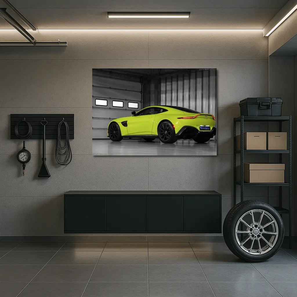 Aston Martin Vantage Lime Green Garage Shot – Wall Art