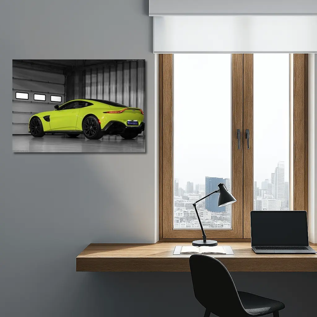 Aston Martin Vantage Lime Green Garage Shot – Wall Art