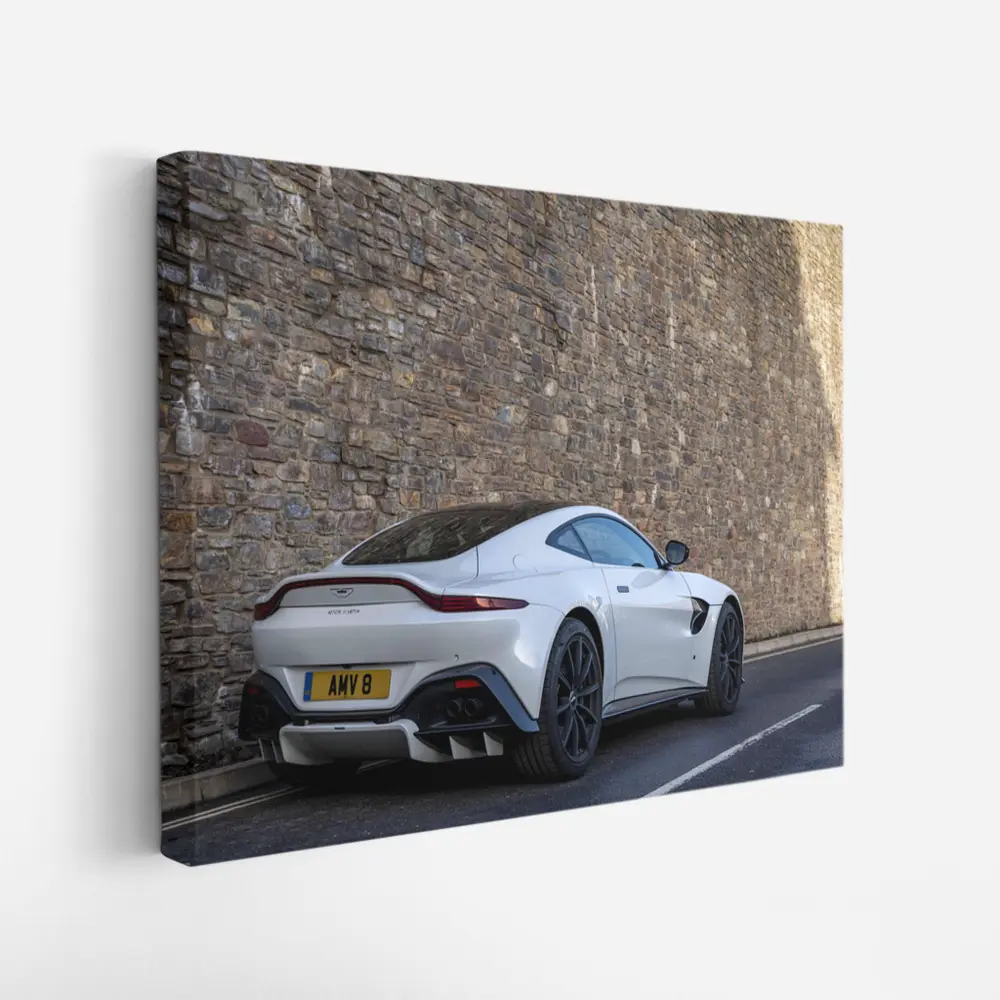 Aston Martin Vantage White Against Stone Wall – Wall Art