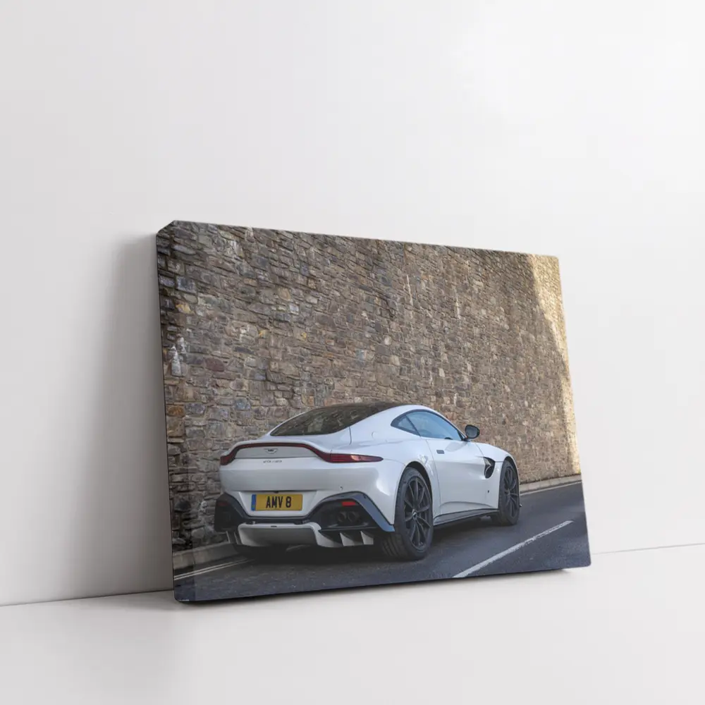 Aston Martin Vantage White Against Stone Wall – Wall Art