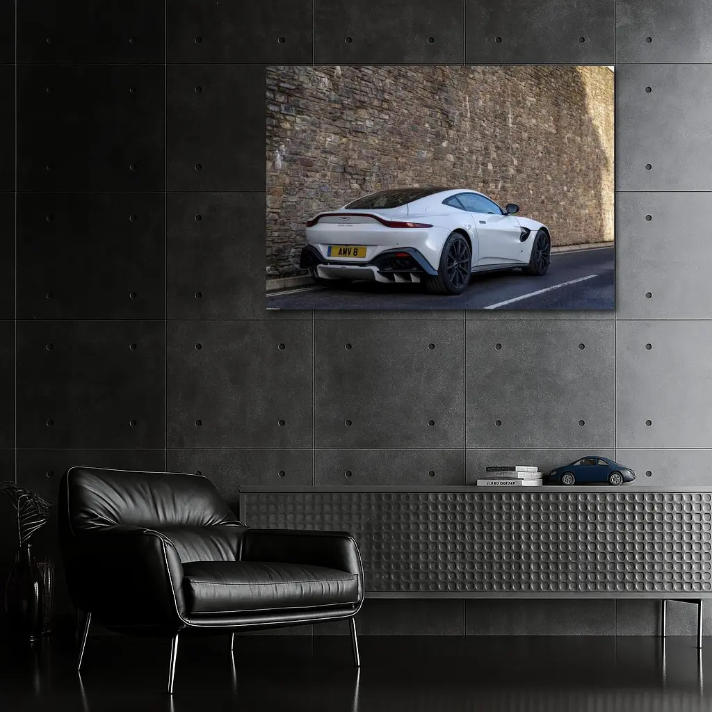 Aston Martin Vantage White Against Stone Wall – Wall Art