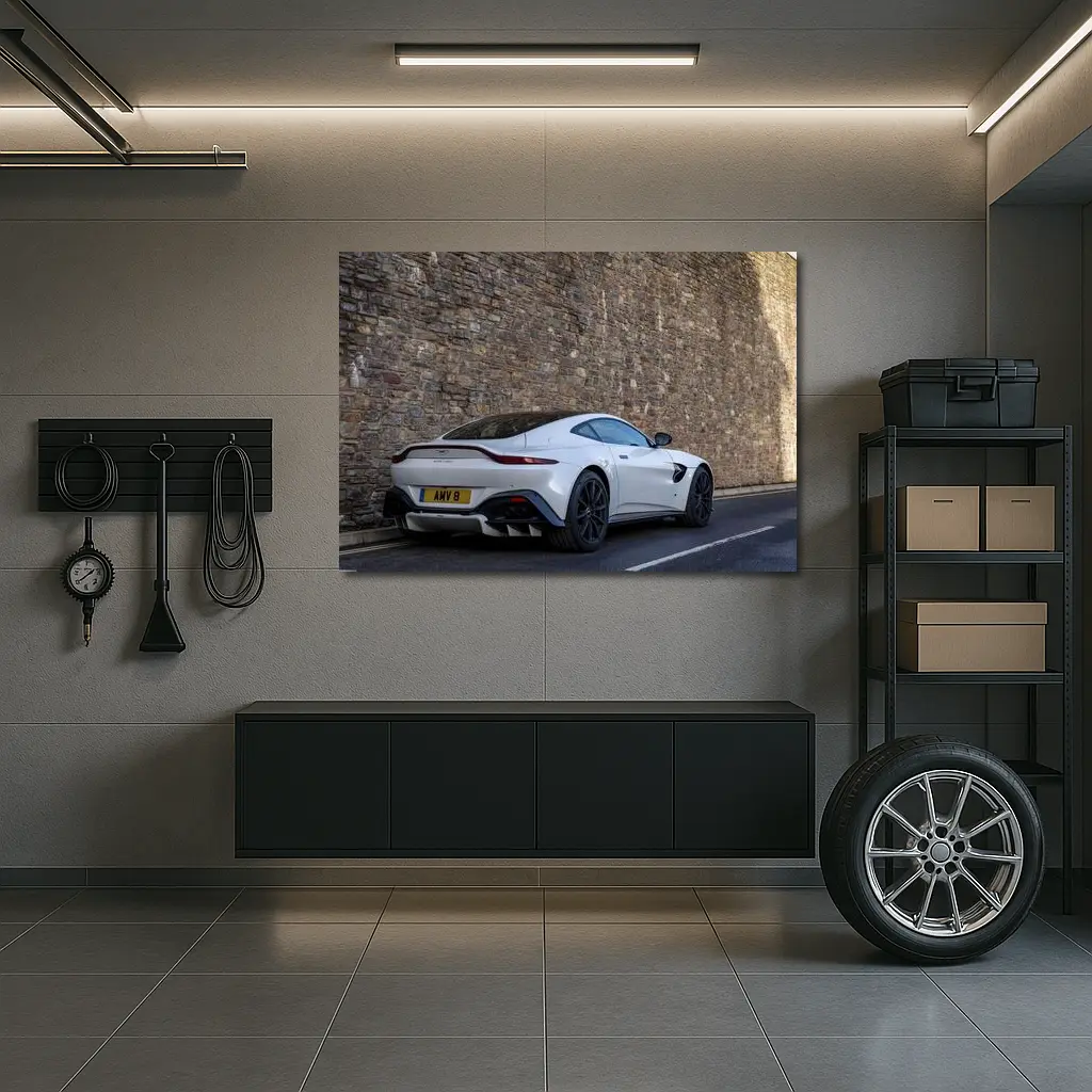 Aston Martin Vantage White Against Stone Wall – Wall Art