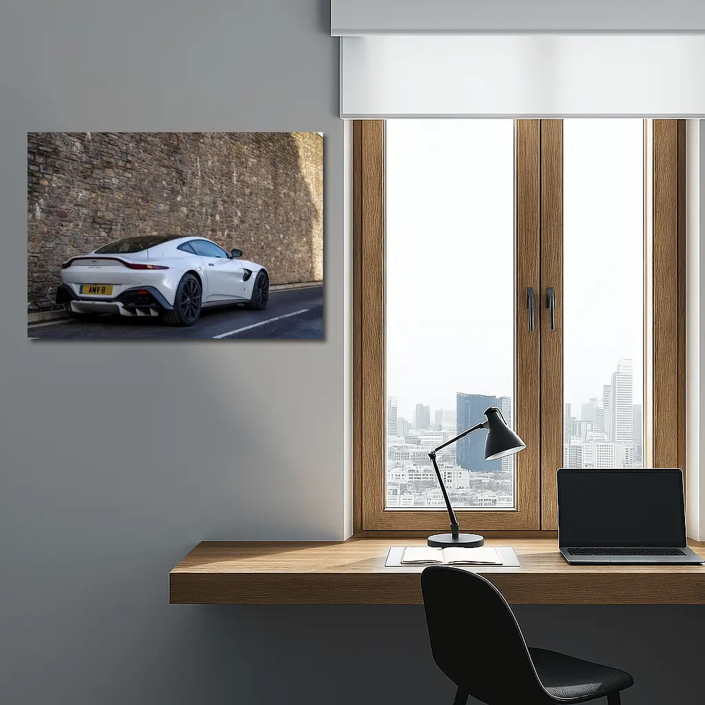 Aston Martin Vantage White Against Stone Wall – Wall Art