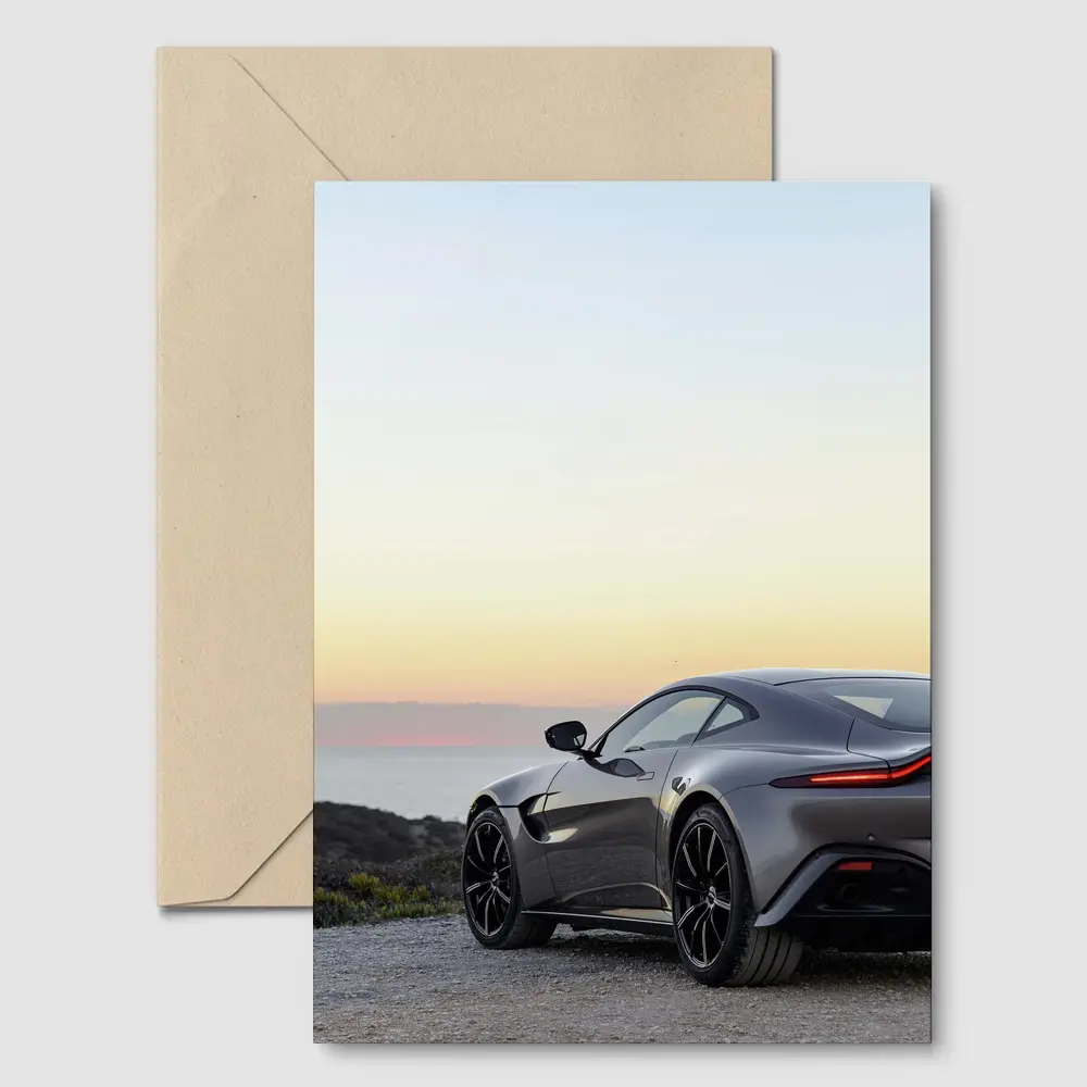 Aston Martin Vantage Silver Coastal Sunset View – Postcards