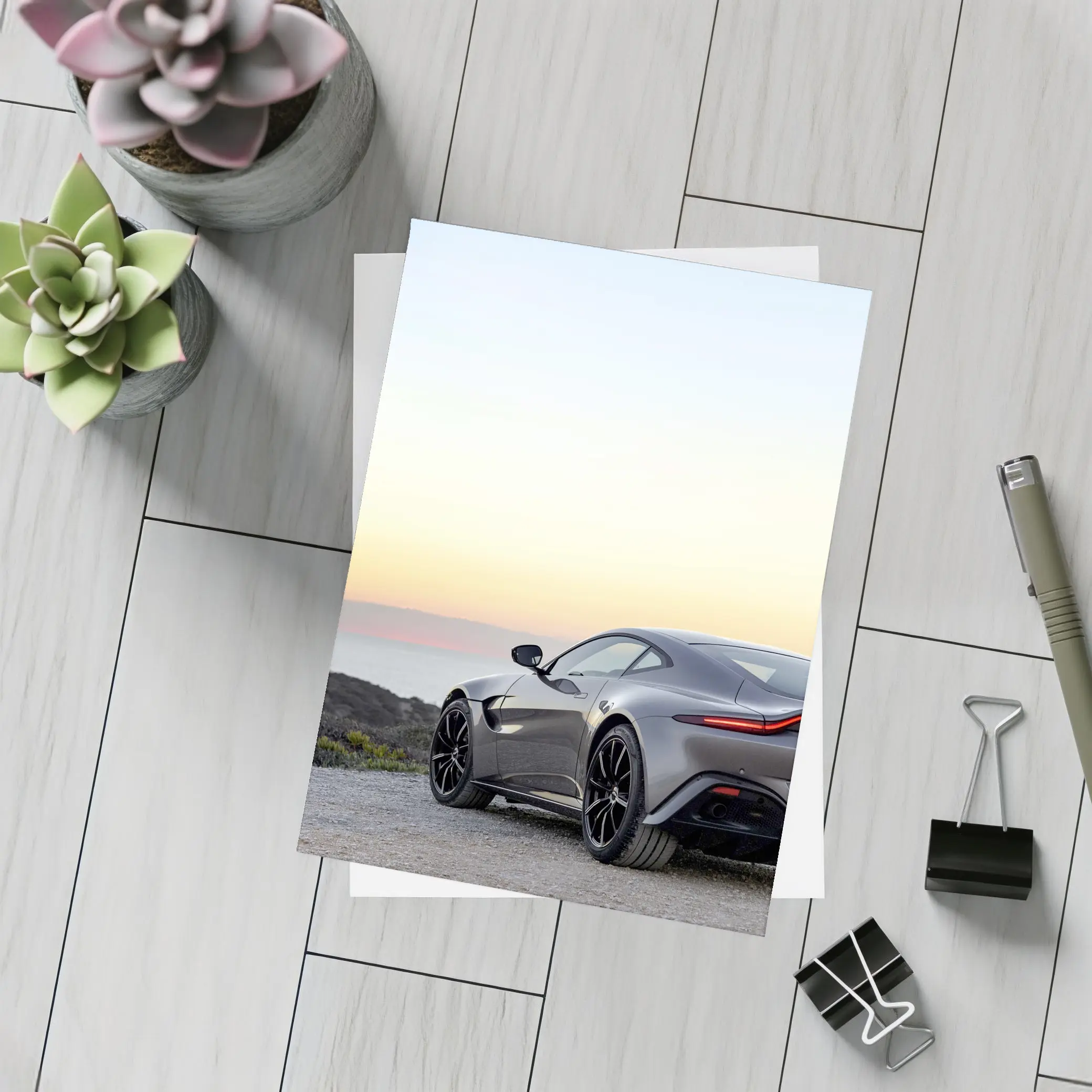 Aston Martin Vantage Silver Coastal Sunset View – Postcards