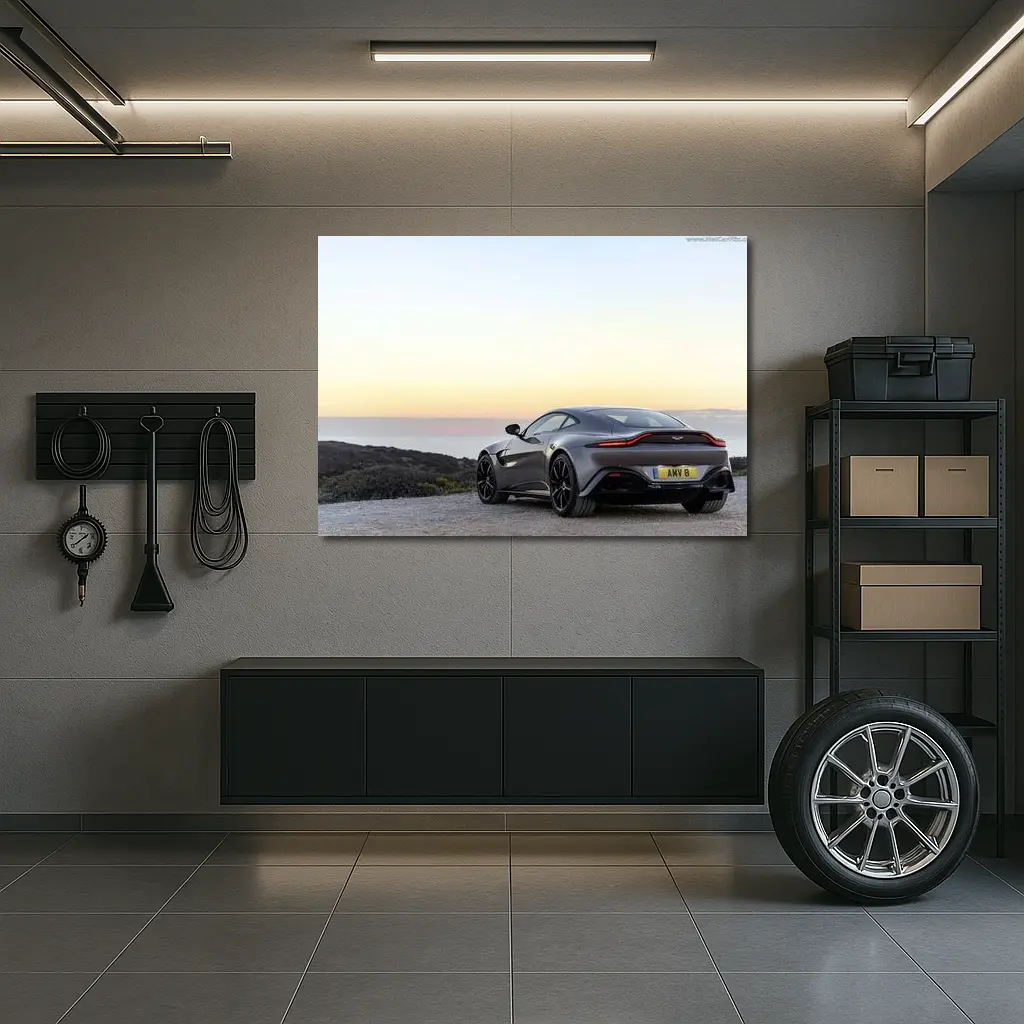 Aston Martin Vantage Silver Coastal Sunset View – Wall Art