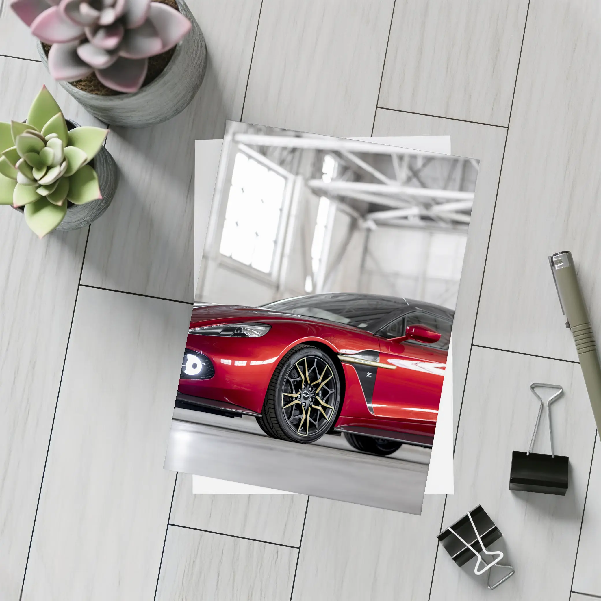 Aston Martin Vanquish Red Indoor Garage Setting – Postcards